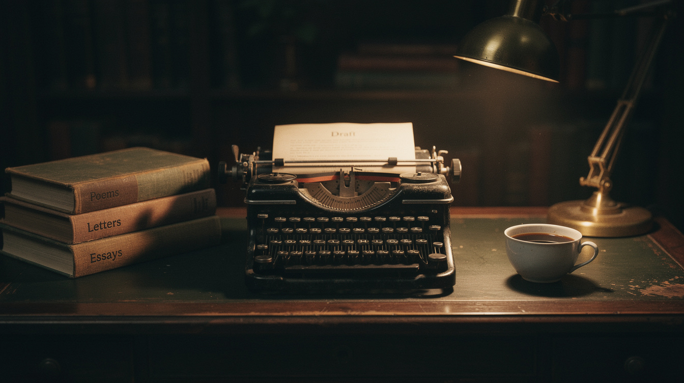 Vintage writer's desk at night with typewriter, old books and a lit lamp